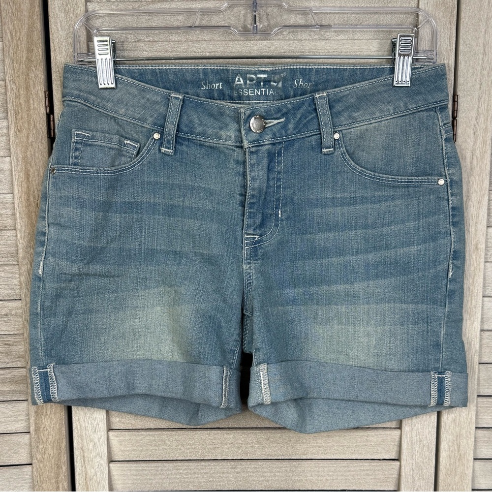 APT9 Light Wash Stretch Denim Jean Shorts with Folded Hem-4